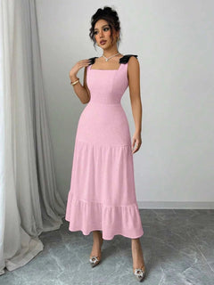 Square Neck Dress - Tiered Wide Strap Style with Charming Bow Detail - Jsandiclothing.com