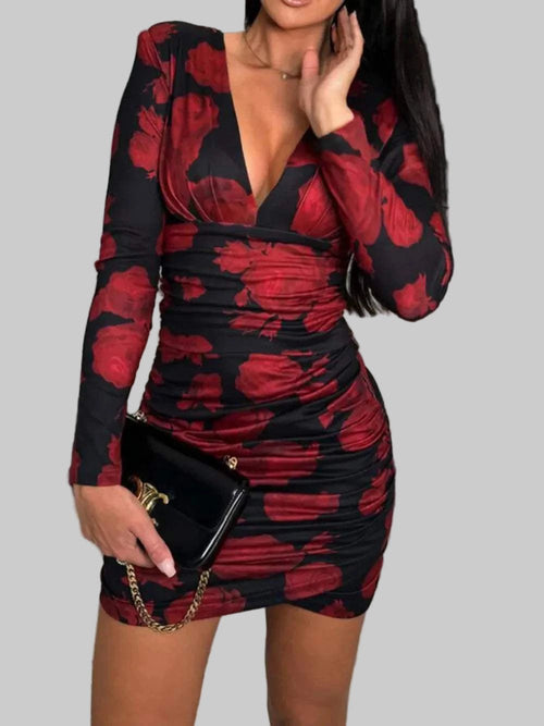 Ruched Plunge Long Sleeve Wrap Dress - Jsandiclothing.com