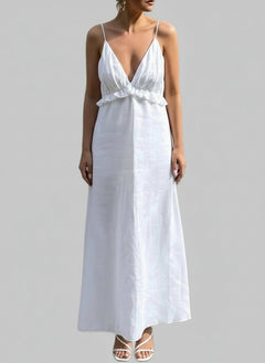 Ruffled V - Neck Maxi Dress - Elegant 100% Cotton Dress| JSandi - Jsandiclothing.com