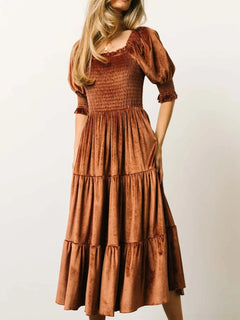 Smocked Half Sleeve Tiered Midi Dress - Elegant & Comfortable Fit - Jsandiclothing.com