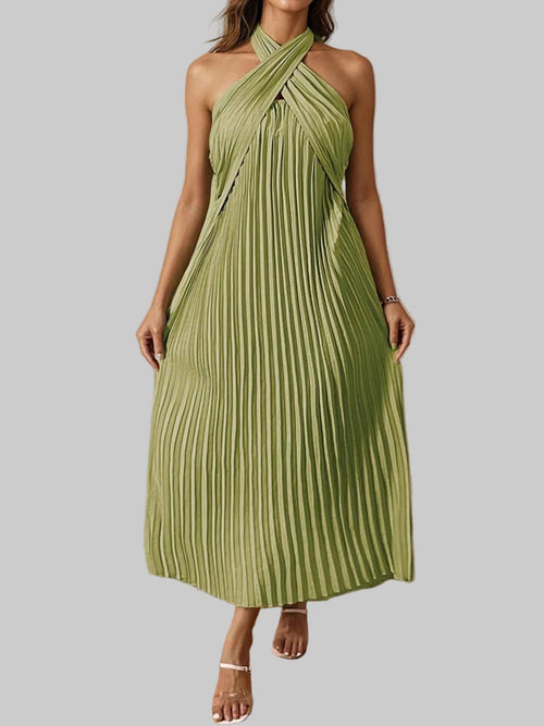 Pleated Halter Neck Midi Dress - Elegant Polyester Dress | Jsandi - Jsandiclothing.com