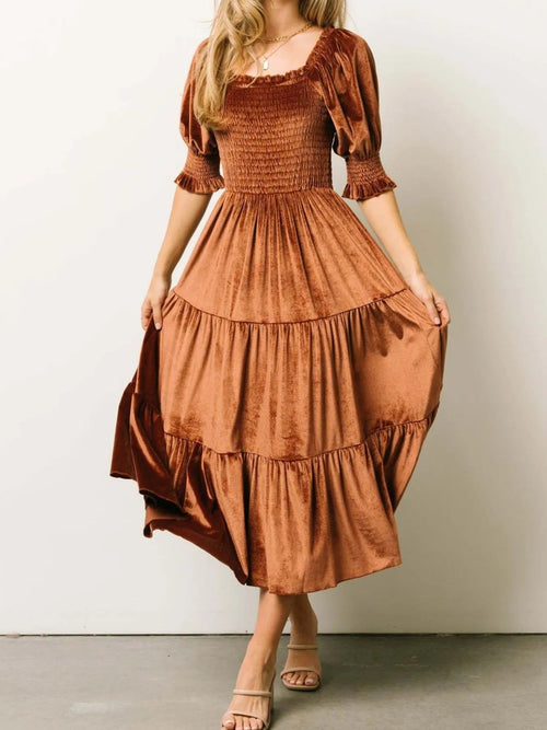 Smocked Half Sleeve Tiered Midi Dress - Elegant & Comfortable Fit - Jsandiclothing.com