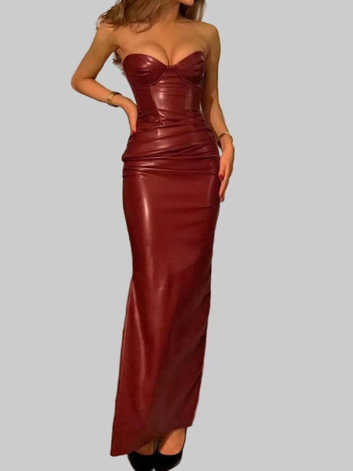 Slit Tube Leather Bodycon Maxi Dress - Jsandiclothing.com