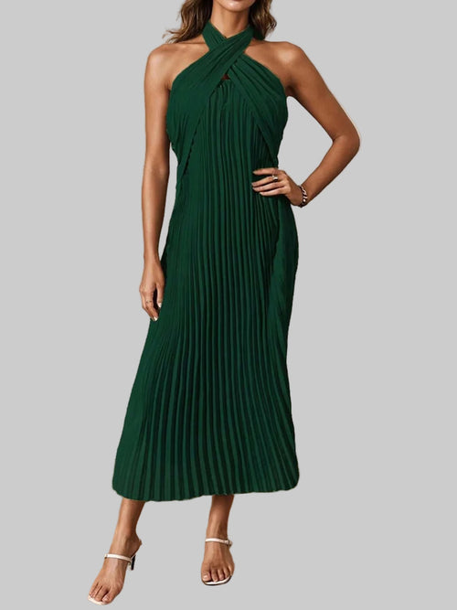 Pleated Halter Neck Midi Dress - Elegant Polyester Dress | Jsandi - Jsandiclothing.com