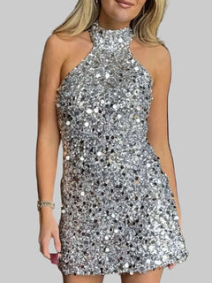 Sequin Halter Neck Mini Dress - Glamorous & Elegant Nightwear - Jsandiclothing.com