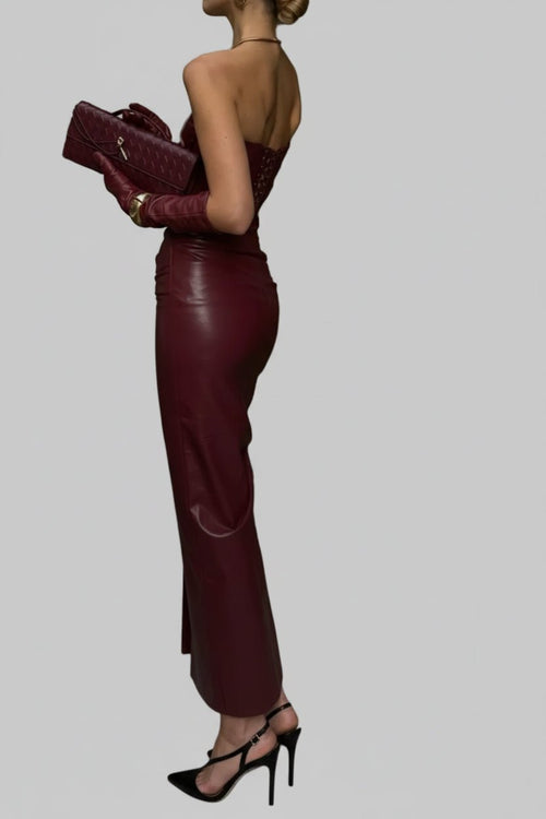 Slit Tube Leather Bodycon Maxi Dress - Jsandiclothing.com