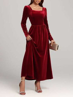 Long Sleeve Dress | Velvet Square Neck Elegant Modern and High Quality - Jsandiclothing.com