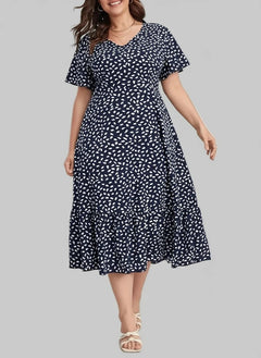 Plus Size Printed V - Neck Short Sleeve Dress - Jsandiclothing.com