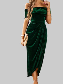 Velvet Off - Shoulder Ruched Midi Dress - Luxe Elegance and Comfort - Jsandiclothing.com