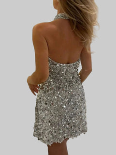 Sequin Halter Neck Mini Dress - Glamorous & Elegant Nightwear - Jsandiclothing.com