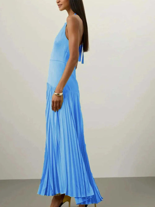 Pleated Halter Neck Maxi Dress - Elegant & Stylish| Jsandiclothing - Jsandiclothing.com