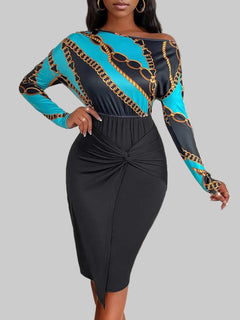Printed Long Sleeve Midi Dress Twisted Unique Design with a Bold Look - Jsandiclothing.com