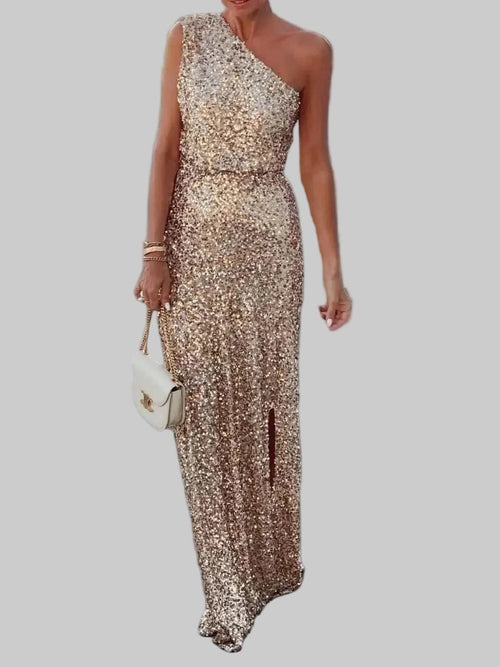 Sequin One - Shoulder Slit Maxi Dress - Elegant Party Gown for Women - Jsandiclothing.com