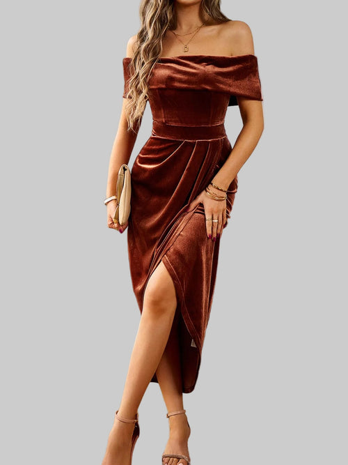 Velvet Off - Shoulder Ruched Midi Dress - Luxe Elegance and Comfort - Jsandiclothing.com