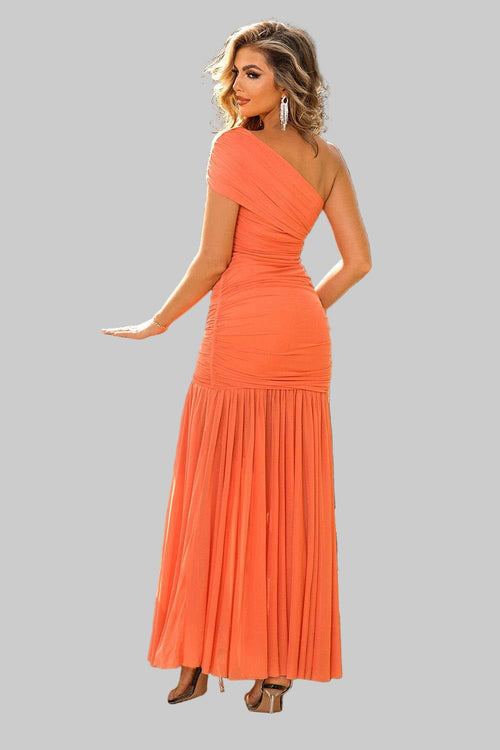 Maxi Dress with One - Shoulder Design and Elegant Ruched Detailing - Jsandiclothing.com