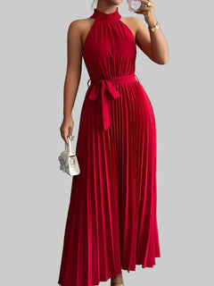 Pleated Halter Neck Tie Waist Maxi Dress| Jsandiclothing.com - Jsandiclothing.com