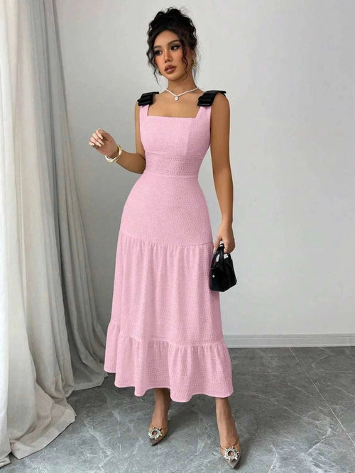 Square Neck Dress - Tiered Wide Strap Style with Charming Bow Detail - Jsandiclothing.com