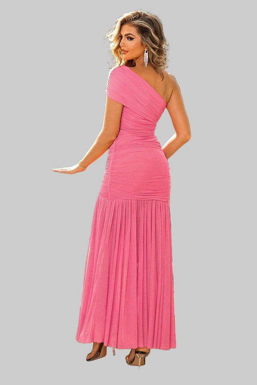 Maxi Dress with One - Shoulder Design and Elegant Ruched Detailing - Jsandiclothing.com