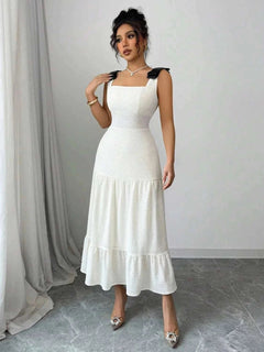 Square Neck Dress - Tiered Wide Strap Style with Charming Bow Detail - Jsandiclothing.com