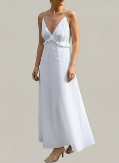 Ruffled V - Neck Maxi Dress - Elegant 100% Cotton Dress| JSandi - Jsandiclothing.com