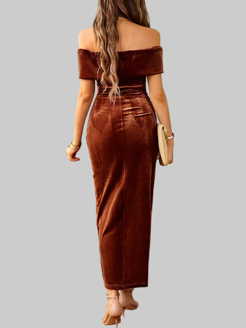 Velvet Off - Shoulder Ruched Midi Dress - Luxe Elegance and Comfort - Jsandiclothing.com