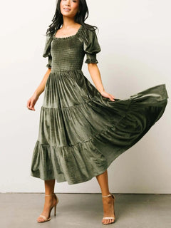 Smocked Half Sleeve Tiered Midi Dress - Elegant & Comfortable Fit - Jsandiclothing.com