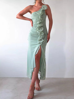 One - Shoulder Ruffle Slit Dress - Jsandiclothing.com