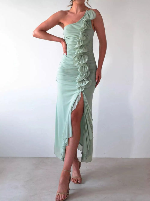 One - Shoulder Ruffle Slit Dress - Jsandiclothing.com