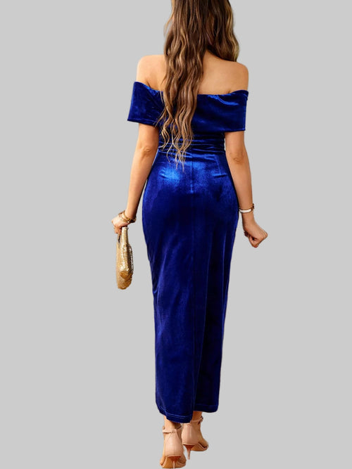 Velvet Off - Shoulder Ruched Midi Dress - Luxe Elegance and Comfort - Jsandiclothing.com