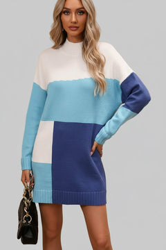 Sweater Dress Color Block Mock Neck - Casual Long Sleeve Mini Style - Jsandiclothing.com