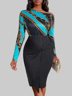 Printed Long Sleeve Midi Dress Twisted Unique Design with a Bold Look - Jsandiclothing.com