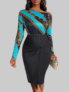 Printed Long Sleeve Midi Dress Twisted Unique Design with a Bold Look - Jsandiclothing.com