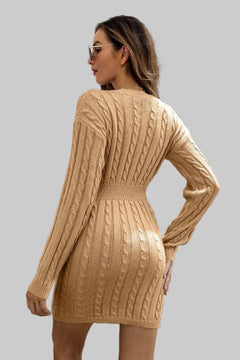 Sweater Dress - Cable - Knit V - Neck Long Sleeve Mini |Elegant and Stylish - Jsandiclothing.com