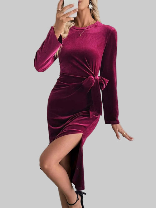 Velvet Dress Slit Round Neck Long Sleeve with Side Tie Detail| JSandi - Jsandiclothing.com