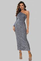 One - Shoulder Long Sleeve Sequin Dress - Glamorous Evening Wear Style - Jsandiclothing.com