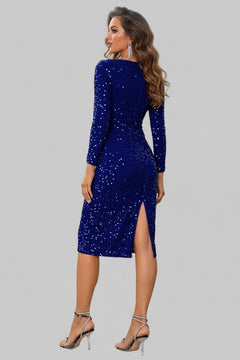 Long Sleeve Midi Sequin Dress with Round Neck and Side Slit - Jsandiclothing.com