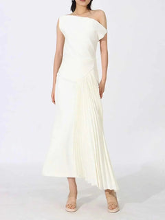 Single Shoulder Pleated Dress - Elegant Ruched Asymmetrical Design - Jsandiclothing.com