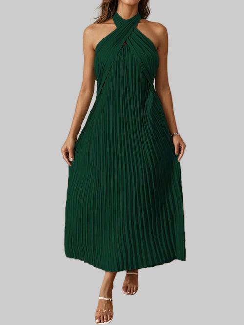 Pleated Halter Neck Midi Dress - Elegant Polyester Dress | Jsandi - Jsandiclothing.com