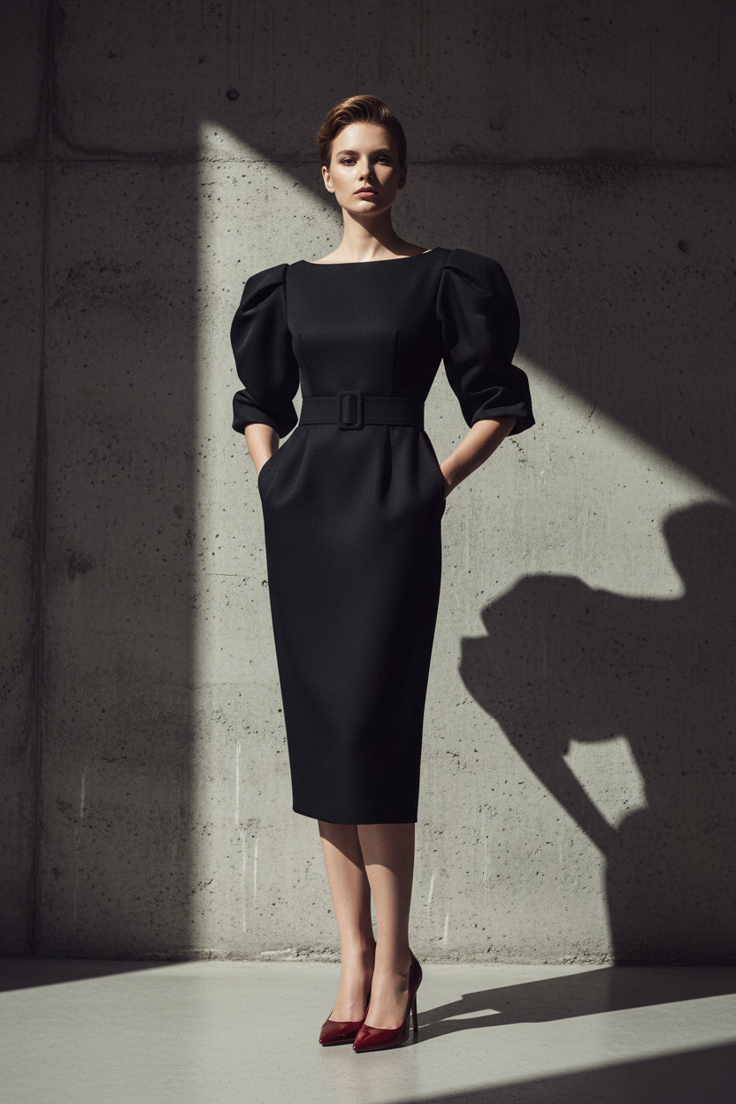 Round Neck Puff Sleeves Midi Dress - Jsandiclothing.com