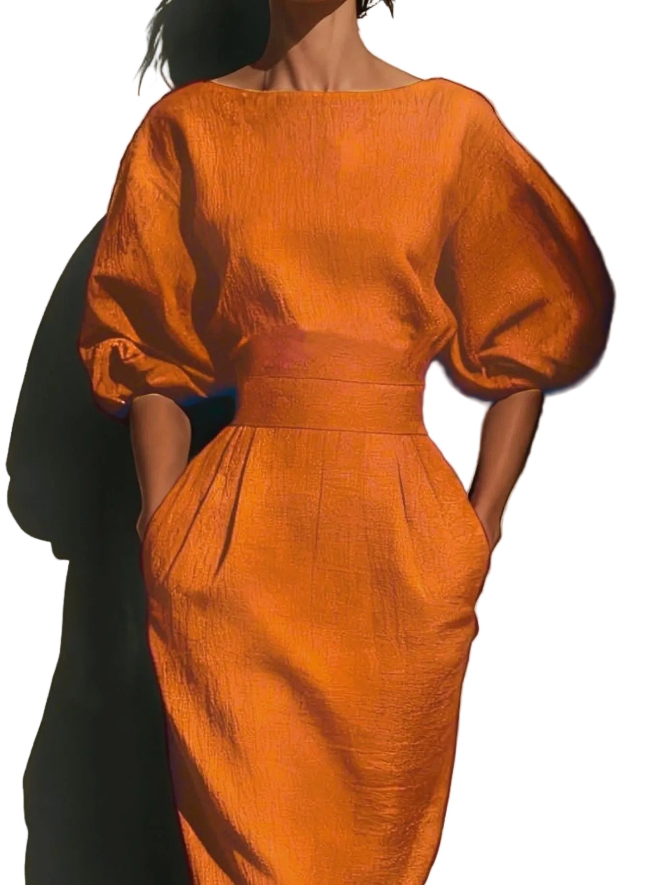 Round Neck Puff Sleeves Midi Dress - Jsandiclothing.com