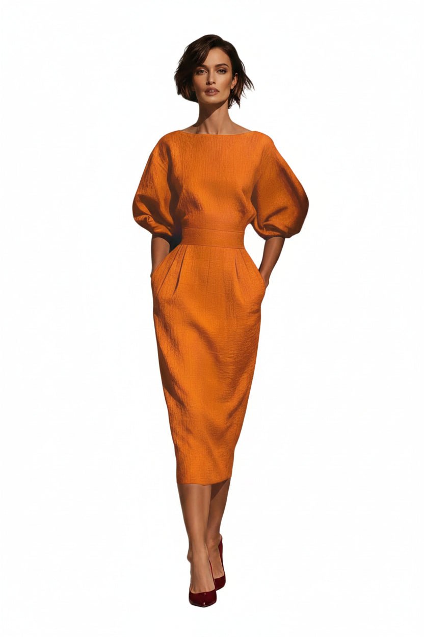 Round Neck Puff Sleeves Midi Dress - Jsandiclothing.com