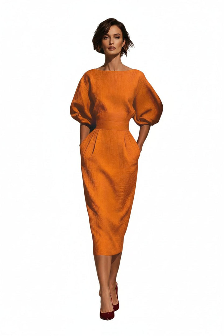 Round Neck Puff Sleeves Midi Dress - Jsandiclothing.com