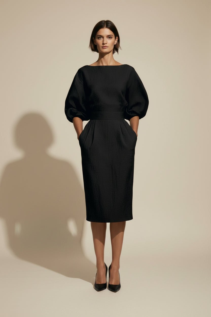 Round Neck Puff Sleeves Midi Dress - Jsandiclothing.com
