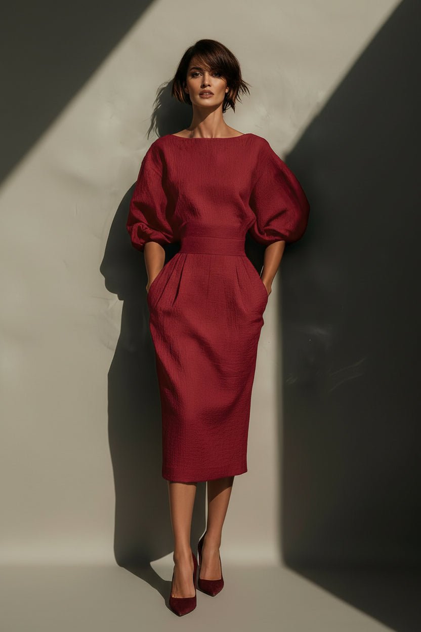 Round Neck Puff Sleeves Midi Dress - Jsandiclothing.com