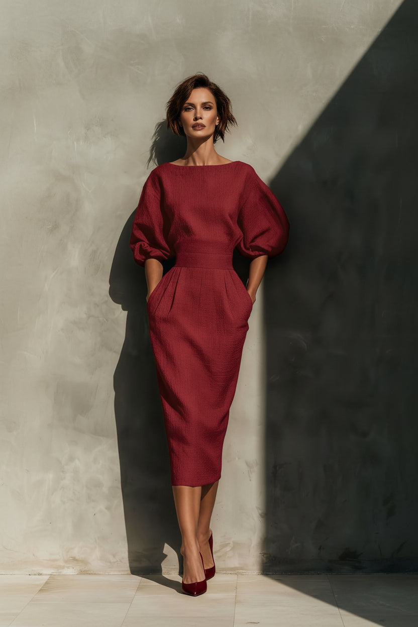 Round Neck Puff Sleeves Midi Dress - Jsandiclothing.com