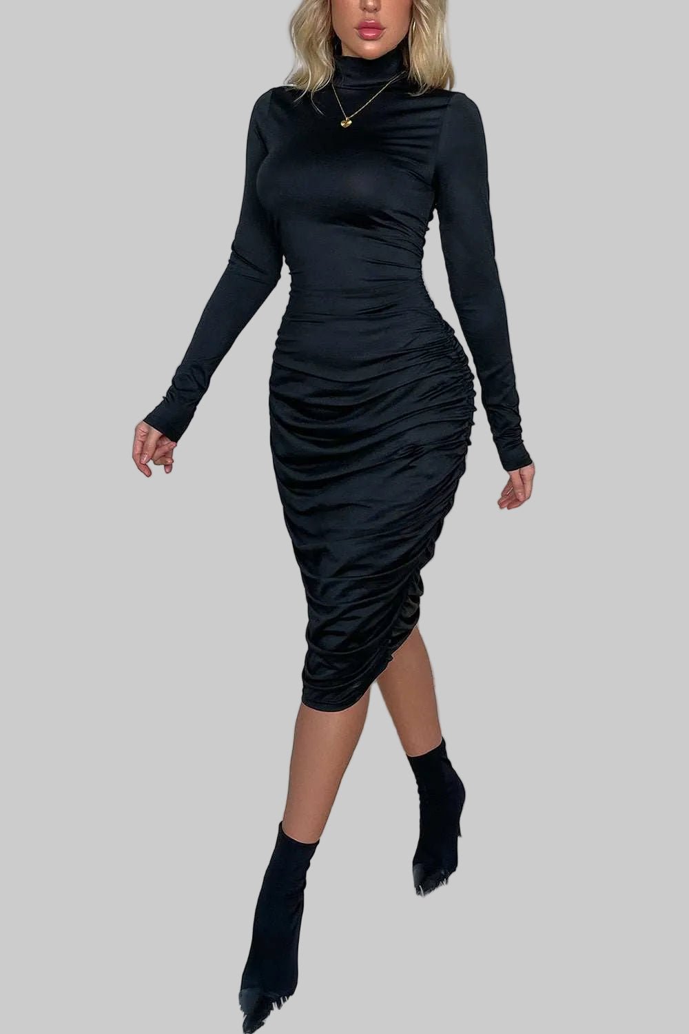 Ruched Long Sleeve Dress with Elegant Mock Neck Design - Jsandiclothing.com