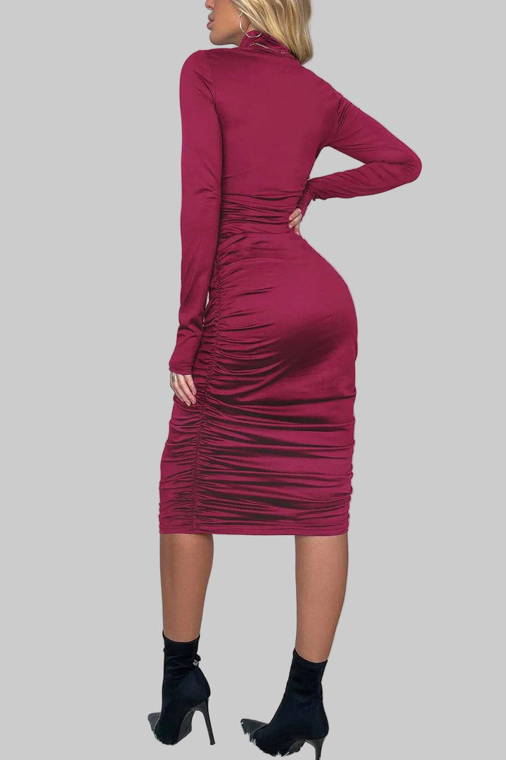 Ruched Long Sleeve Dress with Elegant Mock Neck Design - Jsandiclothing.com