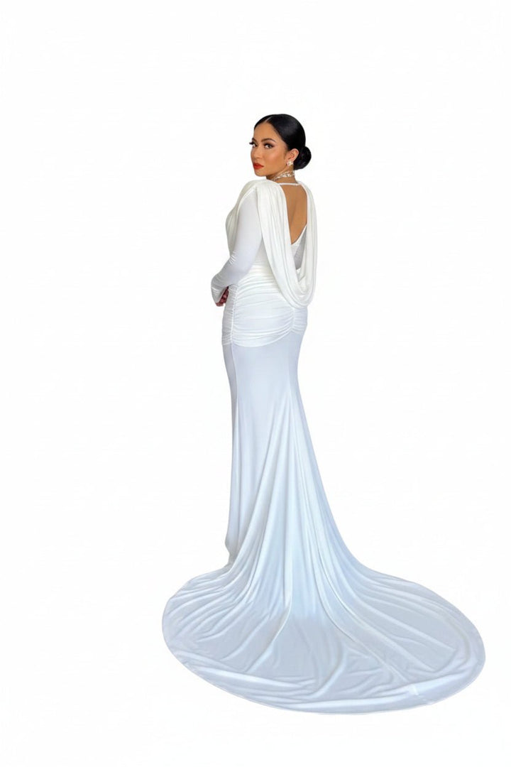 Ruched Long Sleeve Maxi Dress | Elegant Bodycon Formal Evening Gown - Jsandiclothing.com