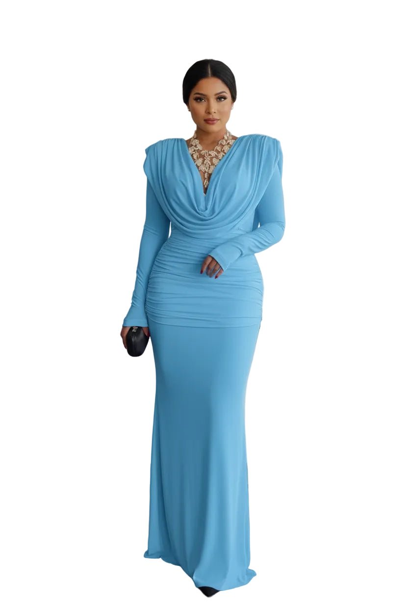 Ruched Long Sleeve Maxi Dress | Elegant Bodycon Formal Evening Gown - Jsandiclothing.com