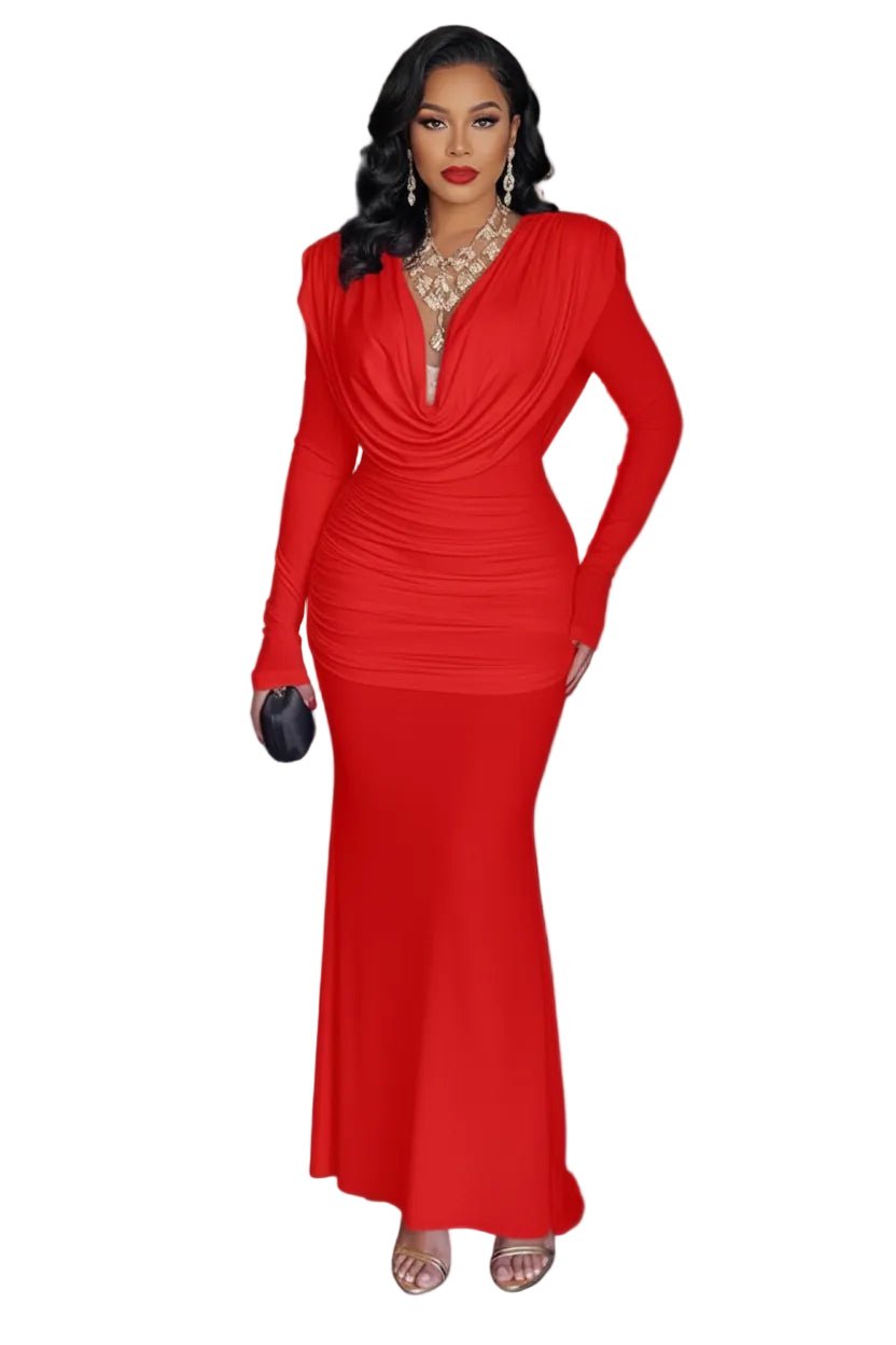 Ruched Long Sleeve Maxi Dress | Elegant Bodycon Formal Evening Gown - Jsandiclothing.com
